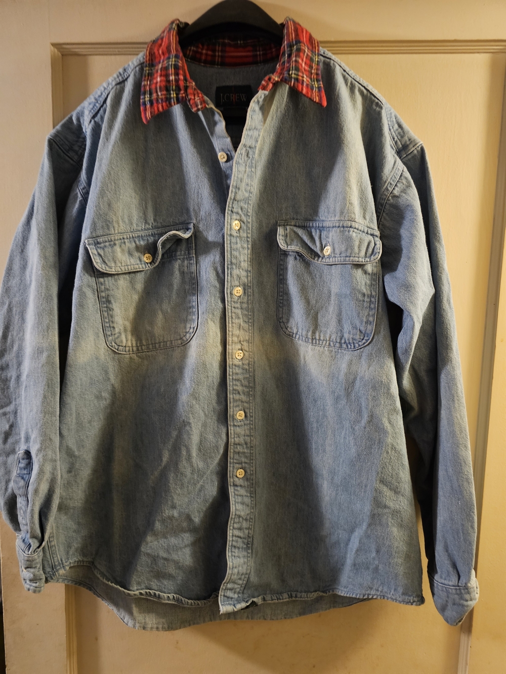 Men's J.Crew Light Blue Denim Shirt with Red Plaid Collar